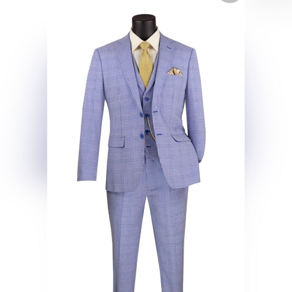 MEN'S VINCI 3 PIECE SLIM FIT SUIT SKY BLUE GLEN PLAID SV2W6.